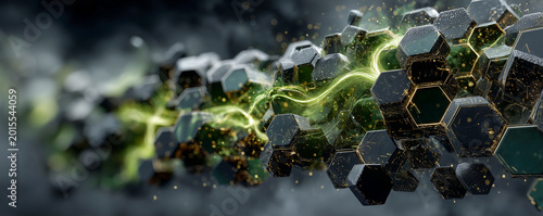 dark emerald hexagonal shield with glowing lime green energy lines for cyber security