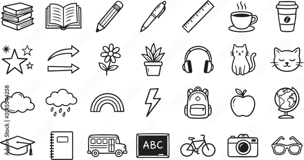 Naklejka premium School Study and Lifestyle Doodle Icon Vector Set