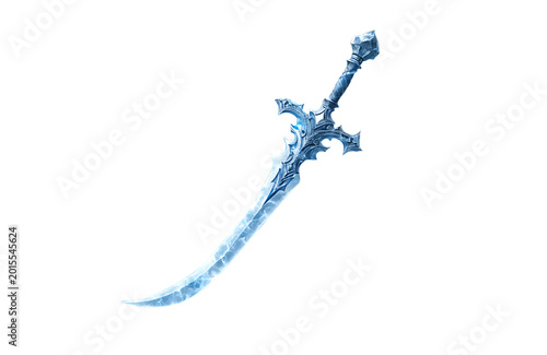 Ornate Ice Sword with Blue Glow on Black Background