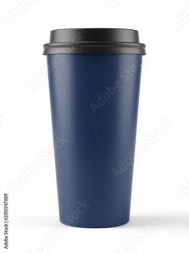 Navy blue reusable takeaway coffee cup with black lid isolated on white background, minimalist mockup for hot drink branding and cafe packaging, copy space