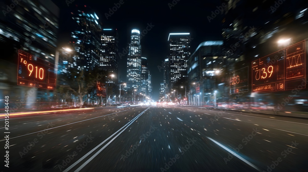Naklejka premium Modern cityscape viewed at night overlaid with glowing digital data streams and futuristic interfaces