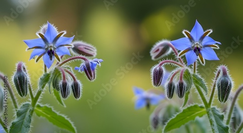 Delicate borage blossoms showcase vibrant blue petals and intricate textures, symbolizing natural beauty and the fragility of ecosystems, offering a glimpse into organic growth.