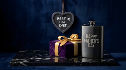 Fathers day gift arrangement with flask heart and present on marble surface
