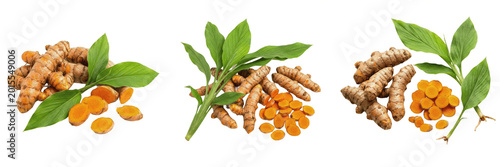 Fresh Turmeric Roots and Powder with Green Leaves Isolated on White Background - Healthy Superfood Ingredient for Wellness Branding, Organic Culinary Menus, and Graphic Assets