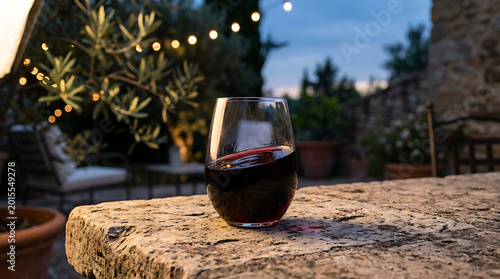 A glass of red wine stands on a terrace table overlooking a summer vineyard, creating a celebratory beverage scene perfect for a restaurant holiday or a relaxing drink