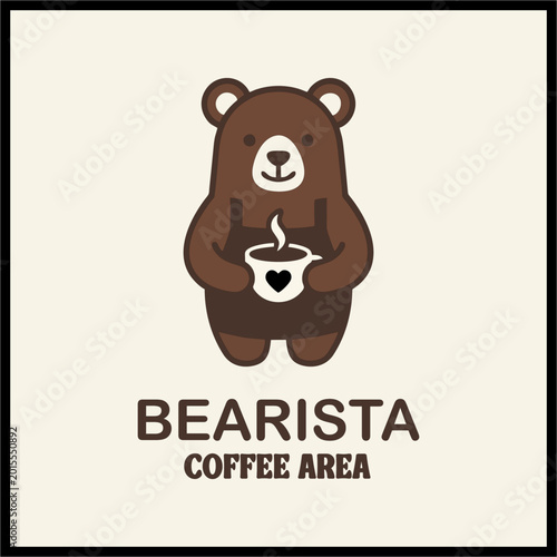 Cute Bear Barista Holding Coffee Cup — Kawaii Cartoon Mascot Logo for Cafe