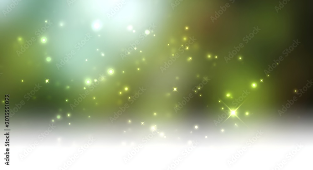 Obraz premium Luminous green bokeh background with soft, diffused light and sparkling particles, evoking a sense of natural vitality and ecological balance, ideal for environmental themes.