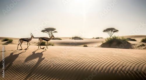 Two graceful gazelles traverse the undulating dunes of a vast desert landscape under the warm glow of the sun, showcasing the resilience of life in arid ecosystems and natural beauty.