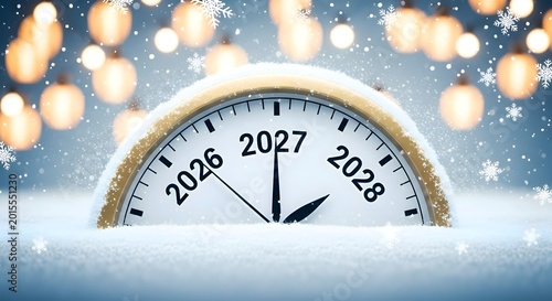 Snow-covered clock face displaying the transition to the new year, adorned with delicate snowflakes and soft bokeh lights, symbolizing hope and the passage of time.