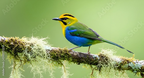 Vibrant tropical bird perched on mossy branch, showcasing iridescent blue plumage and striking yellow crown, a symbol of biodiversity and delicate ecosystem balance.