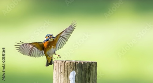 A vibrant kingfisher perches momentarily on a weathered post, wings outstretched in a burst of motion, capturing the essence of wild avian life and natural habitats.