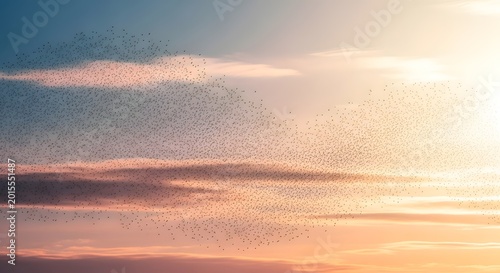 A mesmerizing murmuration of birds paints the evening sky with dynamic patterns, illustrating the power of collective behavior and the beauty of natural aerial displays.