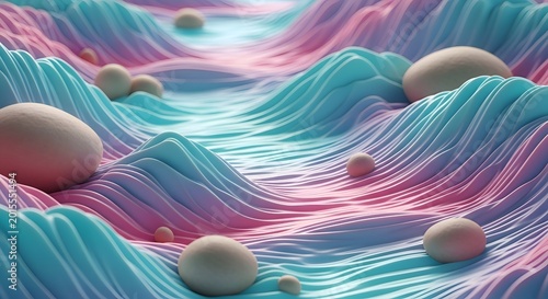 Abstract undulating landscape with smooth, organic forms in pastel hues, evoking a sense of fluidity and ethereal beauty, representing the dynamic nature of ecosystems.