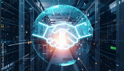 A visionary digital handshake, embodying collaboration and technological advancement within a high-tech data center. Representing the future of innovation and strategic partnership.
