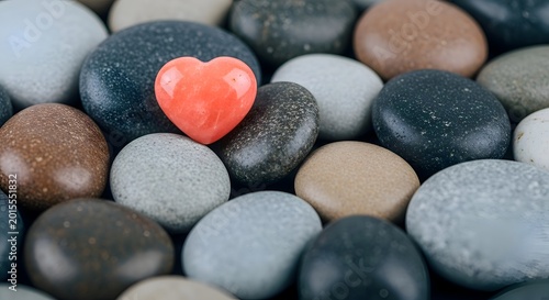 Smooth river stones with a vibrant coral heart nestled among them, representing love, nature's beauty, and the delicate balance of organic and mineral elements.