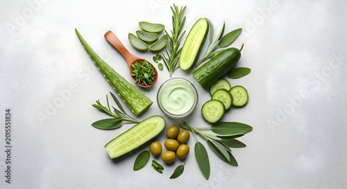 Organic botanical arrangement featuring aloe vera, cucumber, rosemary, and olive elements, showcasing natural skincare ingredients with a focus on sustainable, plant-based wellness.