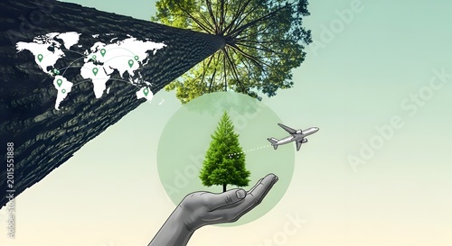 Global reforestation efforts visualized with a tree, world map, and airplane, symbolizing ecological restoration and sustainable air travel for a greener planet.