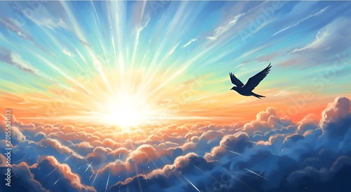 Radiant sunrise illuminating a vast cloudscape, with a solitary bird soaring freely, symbolizing hope, renewal, and the boundless beauty of the natural world's ecosystems.