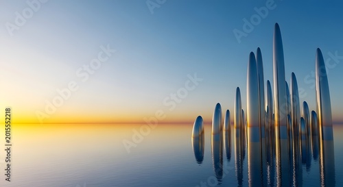 Minimalist seascape featuring sleek, metallic spires rising from calm waters under a vibrant sunset, symbolizing the intersection of human artistry and the serene beauty of the natural world.