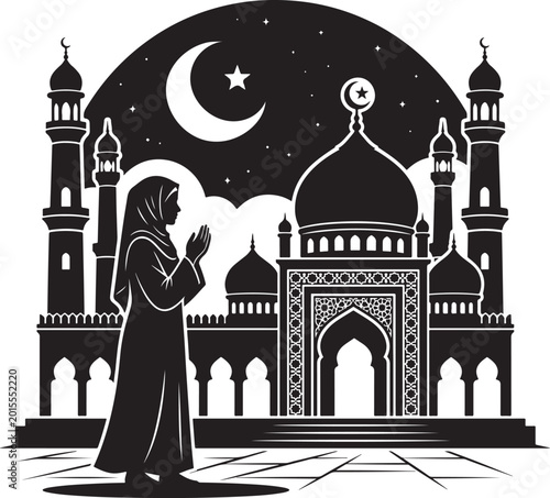 Fotografie Silhouette of a muslim woman praying in front of a mosque at night