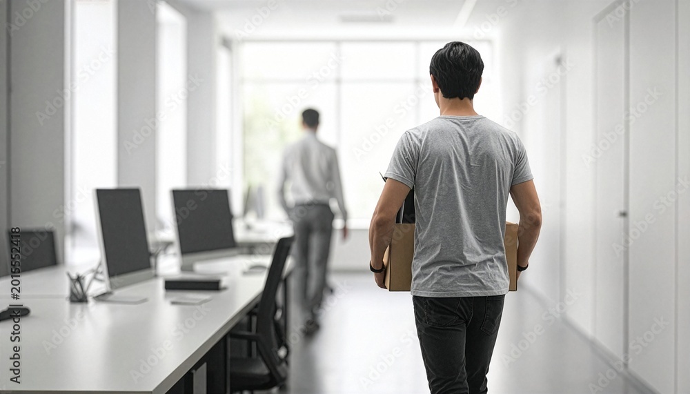 Fototapeta premium A man walks away in an office, carrying a cardboard box. conveying themes of job loss, change, and uncertainty in a contemporary office setting.