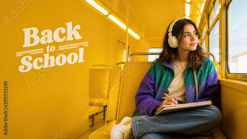 Young female student with headphones writing in notebook on a yellow school bus, back to school concept with retro text overlay