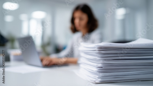 Office paperwork pile in foreground with employee working behind, document management, corporate administration and productivity background paperwork pile, document management, off