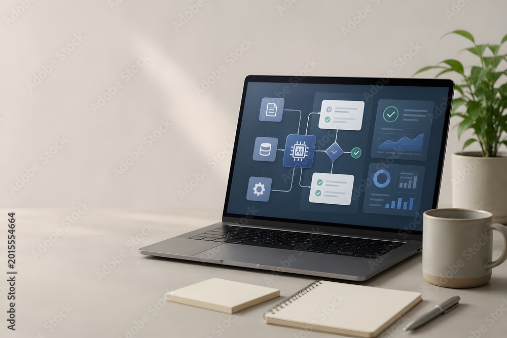 Fototapeta premium AI automation workspace with workflow dashboard and copy space