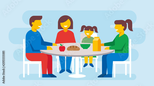 Photos Modern flat design of parents and children eating a healthy meal together in a bright dining room