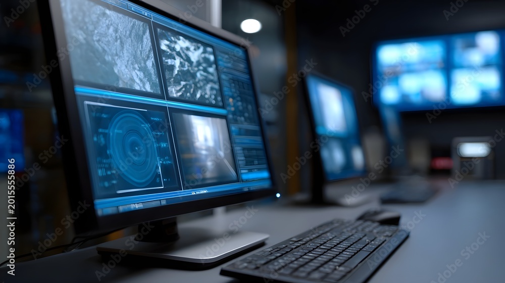Fototapeta premium Multiple monitors displaying complex data interfaces and technical analysis on a professional workstation