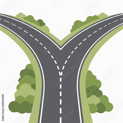 Y-junction road split into two paths for strategic decision making. Simple flat vector of a highway dividing into two separate routes through the trees.