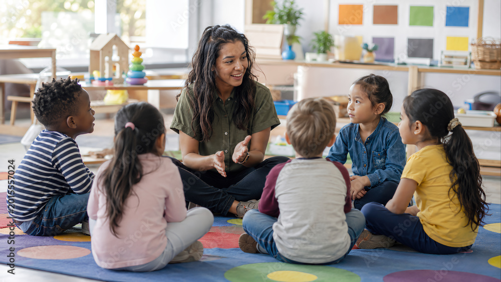 Fototapeta premium Cheerful female teacher sitting in a circle with a diverse group of young children on a colorful rug in a bright preschool classroom, engaging in a storytelling session and lesson.