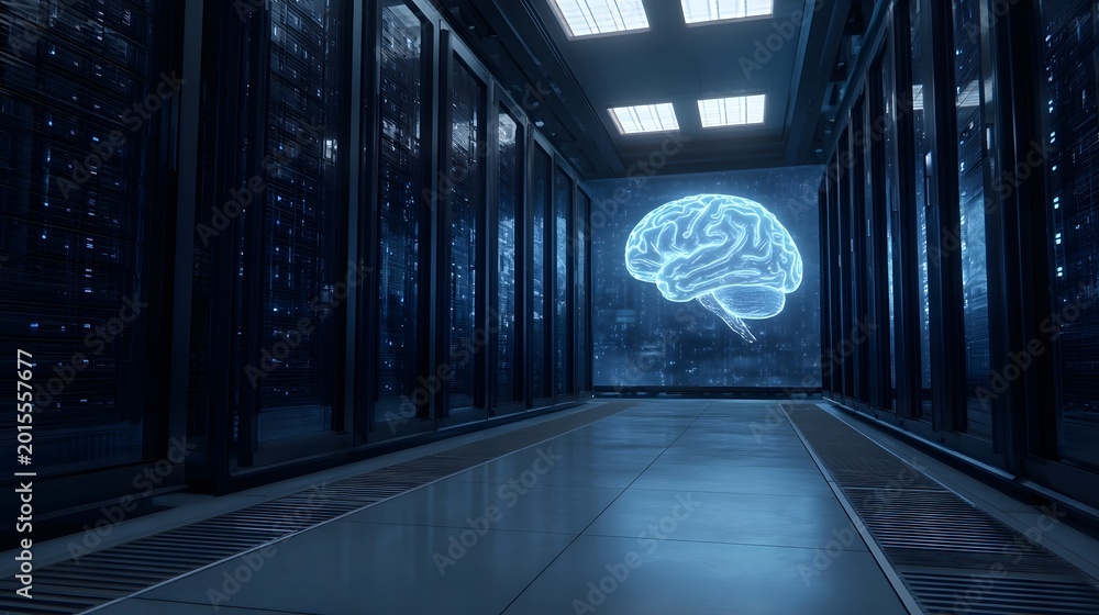 © Thares2020 - A glowing holographic brain displayed within a highly advanced illuminated technological corridor © Thares2020 - A glowing holographic brain displayed within a highly advanced illuminated technological corridor