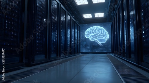 A glowing holographic brain displayed within a highly advanced illuminated technological corridor