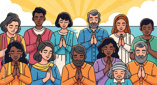 Foto Diverse group of people praying together with hands clasped.