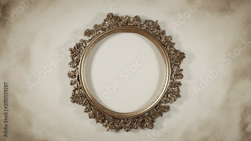 Ornate Golden Round Frame Rotating on Vintage Textured Background