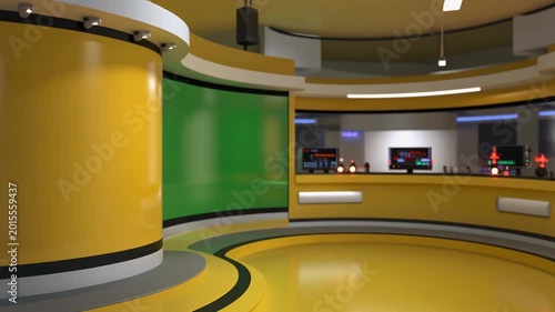 Modern Virtual News Studio Set with Green Screen Background