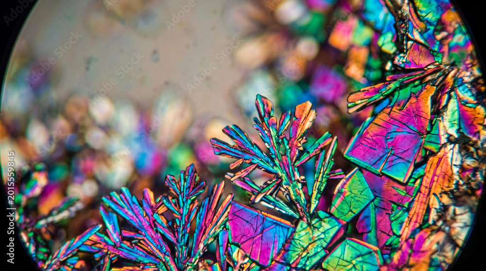 Fototapeta premium Vibrant, abstract crystalline structures captured under a microscope.