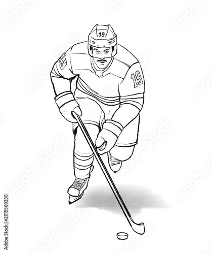 Photography Raster black and white line illustration of an ice hockey player skating with puck, dynamic forward motion, top view action pose, monochrome sports sketch isolated on light background
