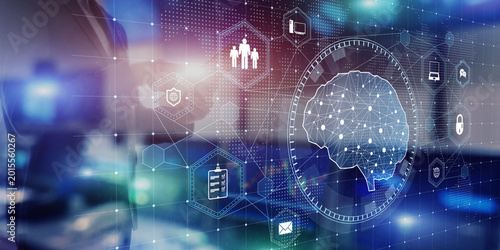 Artificial Intelligence Brain Visualization with Business Data Security Concept.