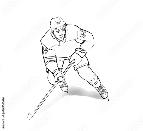 Canvas Print Raster black and white line illustration of an ice hockey player skating in dyna