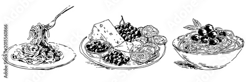 Italian Food Spaghetti, Cheese and Pasta Sketch. Restaurant Menu Doodle Design Elements Set. Mideterranean Cousine Hand Drawn Illustration.