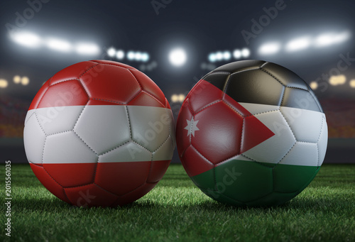 Bild auf Leinwand Two soccer balls in flags colors on a stadium blurred background
