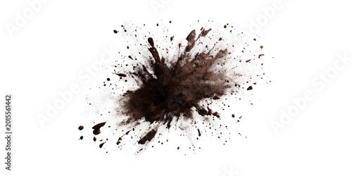Konstfotografi Dark brown soil explosion against white background
