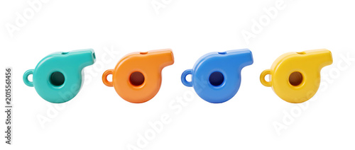 This image features a collection of four bright and fun 3D whistles, showcasing their playful design and vibrant colors, ideal for children's activities and games.
