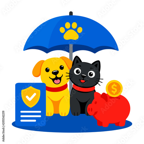 Dog and cat under an umbrella with an insurance policy. Concept of pet insurance, security and animal protection coverage.