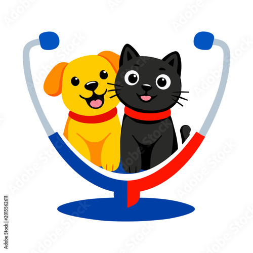 Dog and cat inside a stethoscope heart shaped logo. Veterinary medicine, heart health and professional pet care concept.