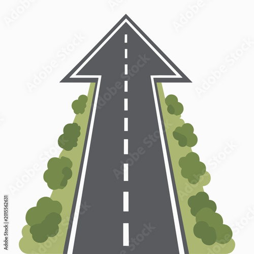 Asphalt road shaped as an upward arrow representing business growth and success. Conceptual illustration of progress, career development, and financial achievement.
