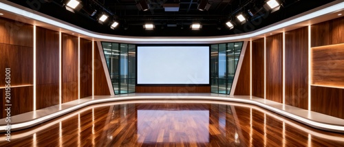 Backdrop For TV Shows .TV On Wall.3D Virtual wooden Room Studio Background, 3d illustration