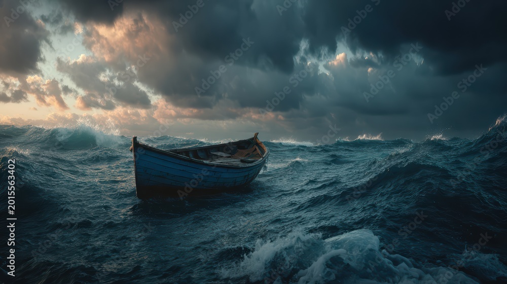 Obraz premium Realistic 8K photo of a small fishing boat battling stormy ocean waves, dark clouds, dramatic lighting, ultra-detailed water textures